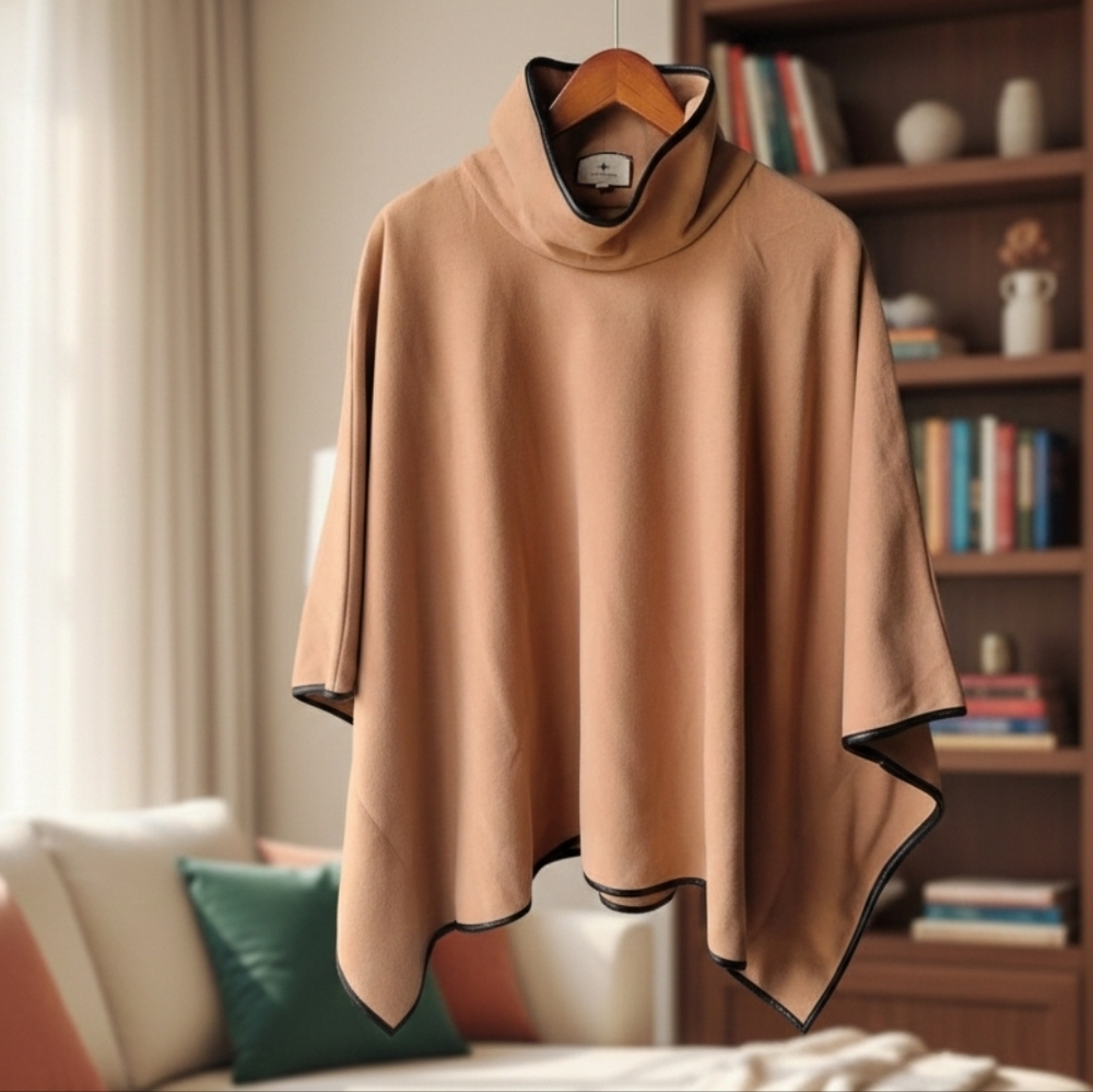 Tuckernuck Piper Poncho Camel color One Size Faux Leather Trim Funnel Neck